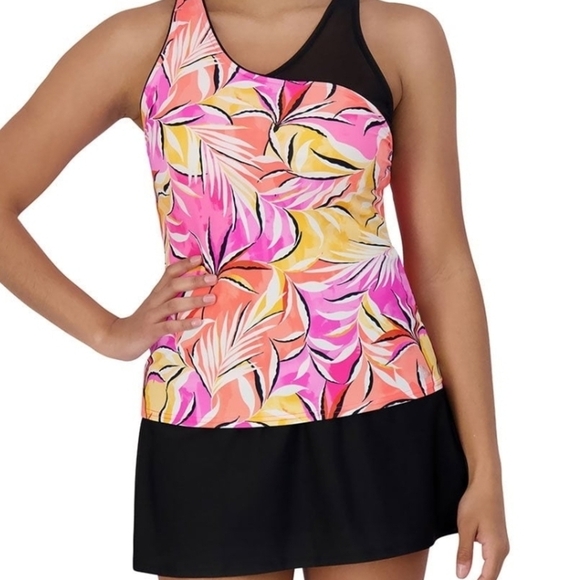 ZeroXposur Women's Tropical Print Swim Dress - Pink, Yellow, Black - Picture 1 of 12